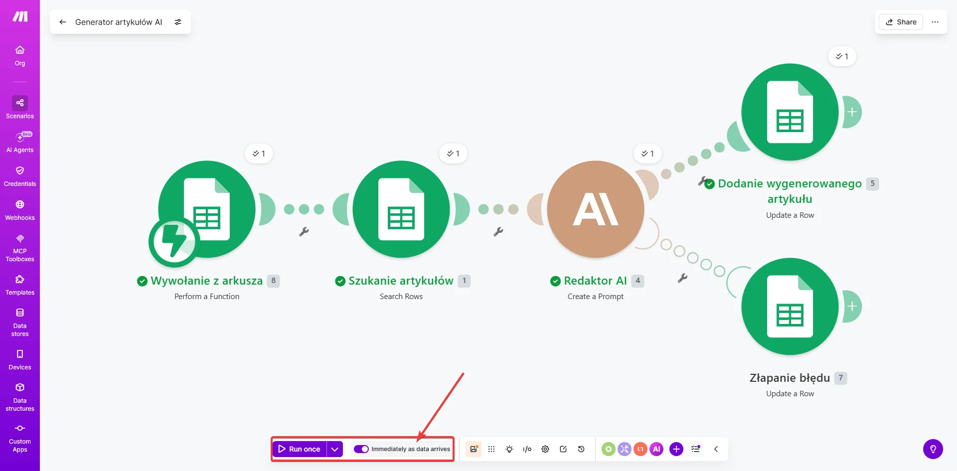 Gotowy scenariusz Make.com z Claude AI — wszystkie 5 modułów ze znacznikami sukcesu i włączony tryb Immediately as data arrives