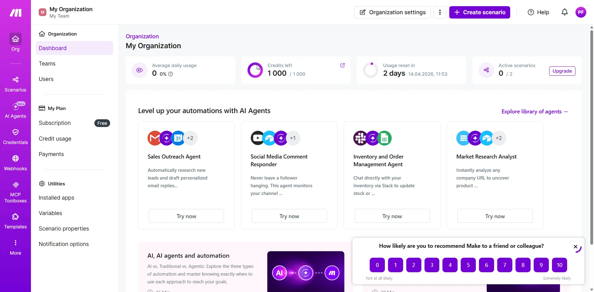 Dashboard Make.com po zalogowaniu
