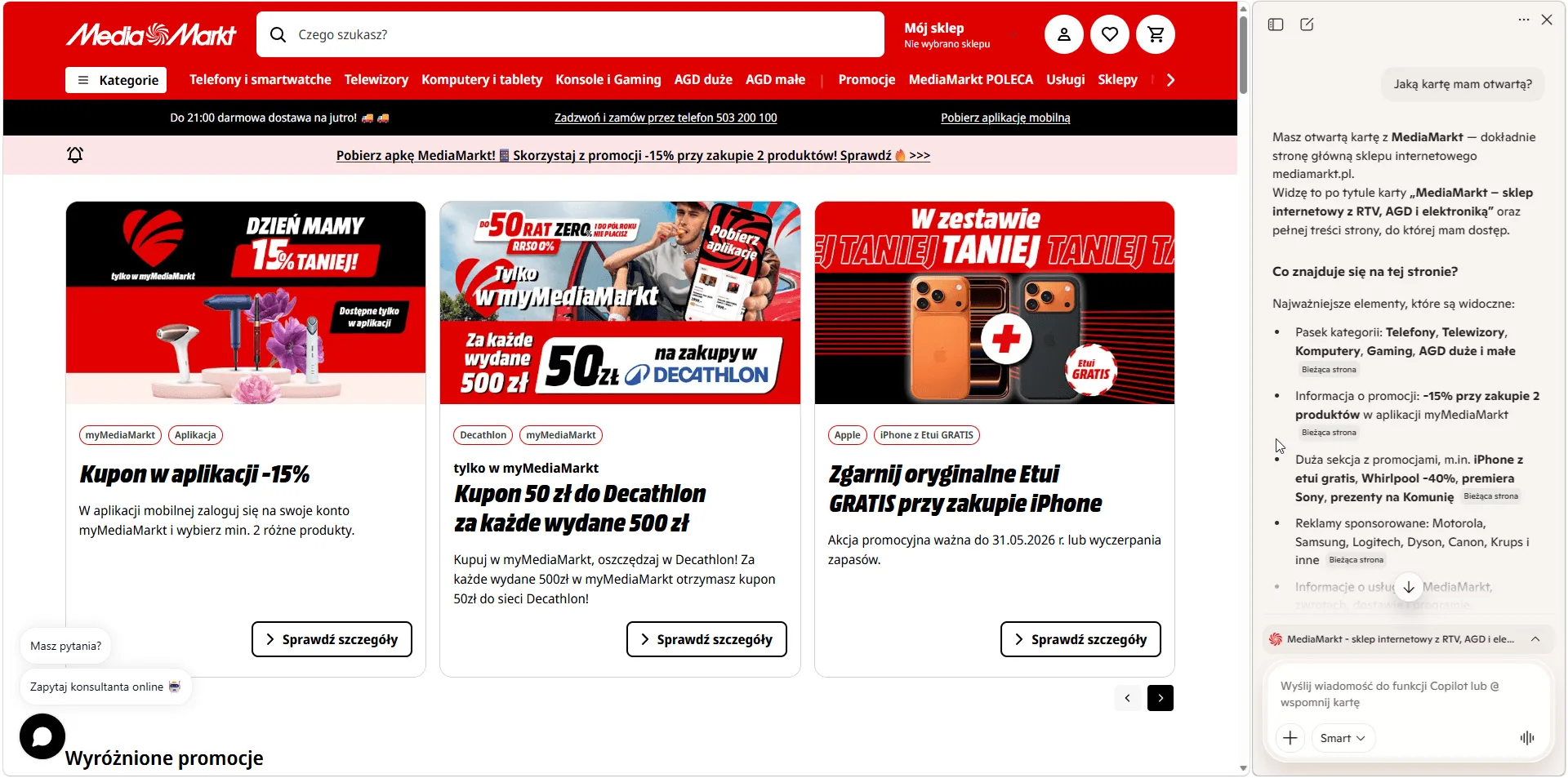 Copilot darmowy — panel w Edge z czatem, podsumowaniem strony i opcją generowania treści