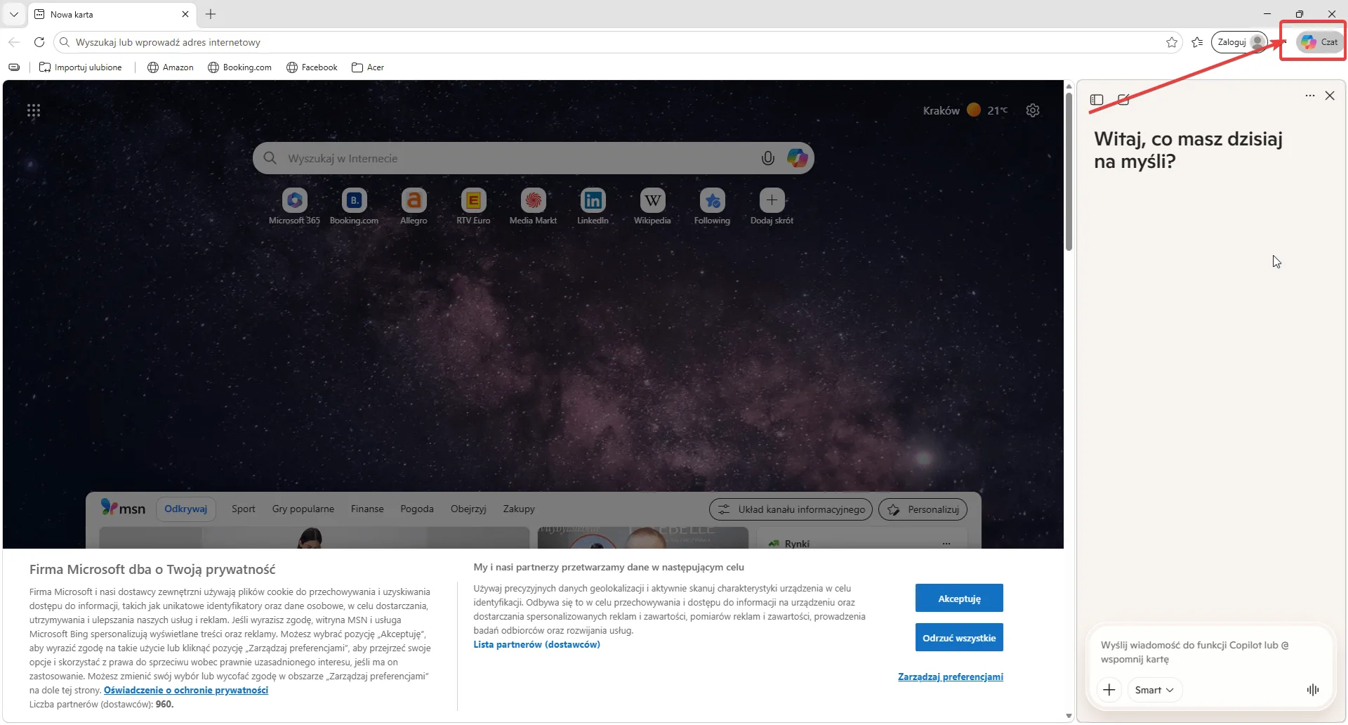 Copilot w Edge — ikona w prawym górnym rogu przeglądarki, panel boczny z analizą aktualnej strony
