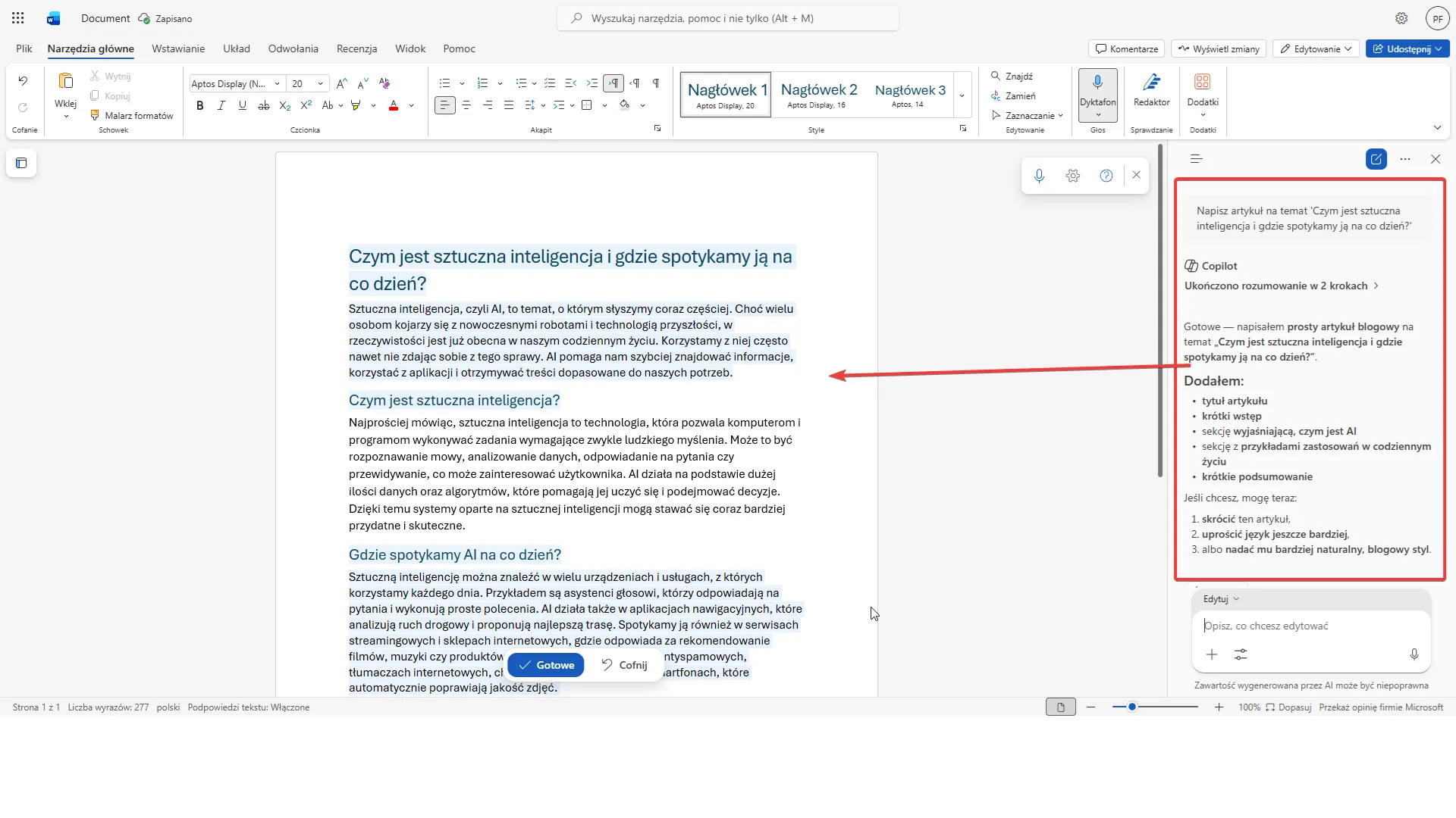 Microsoft 365 Copilot w Word — panel boczny z generatorem tekstu, pole promptu i podgląd wygenerowanego dokumentu
