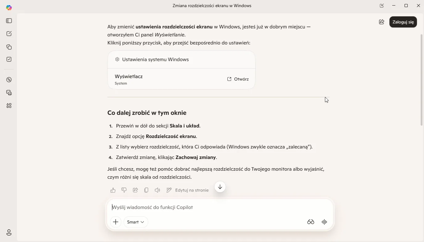 Copilot w Windows 11 — panel boczny z asystentem AI na tle pulpitu, ikona Copilot na pasku zadań