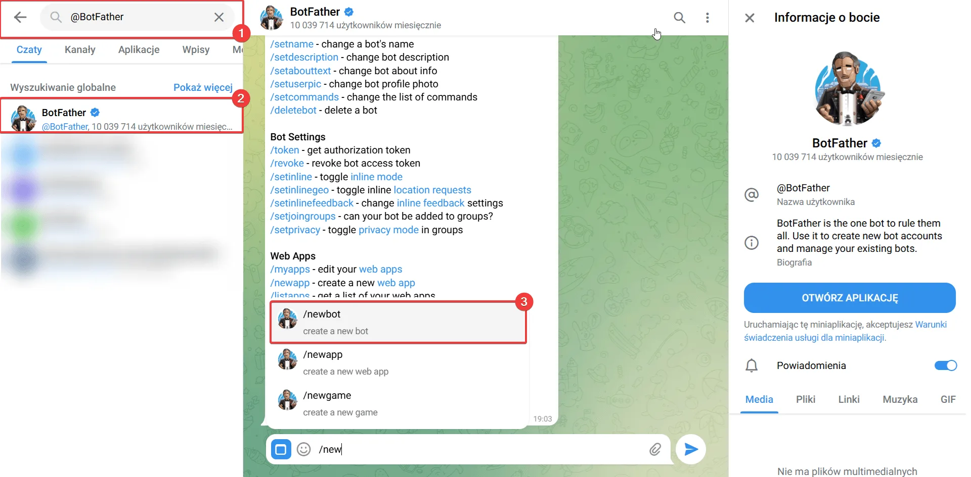 BotFather — tworzenie bota przez /newbot