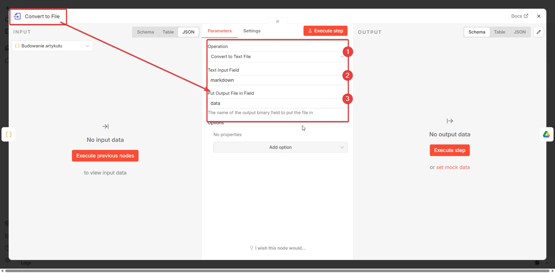 Convert to File — markdown na plik binarny w n8n