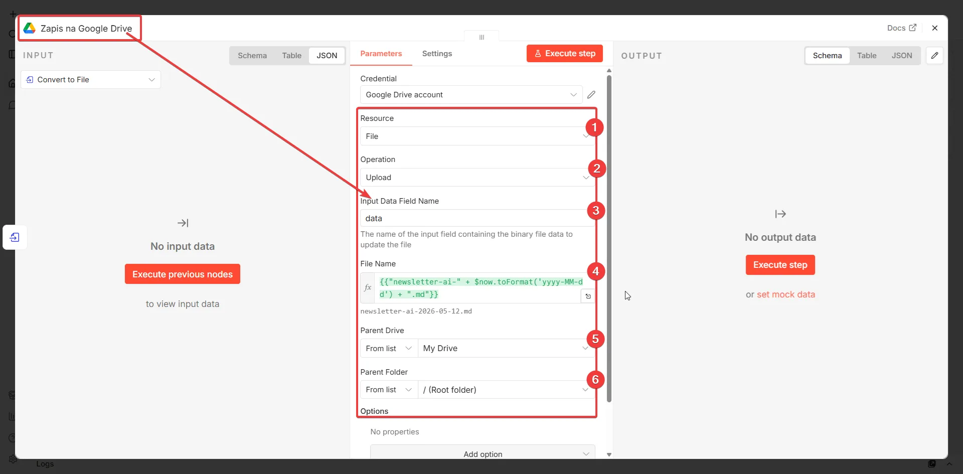 Zapis newslettera na Google Drive w n8n — konfiguracja