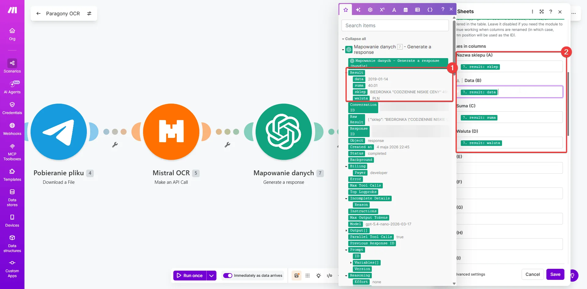Google Sheets Add a Row — mapowanie kolumn z danych OpenAI JSON