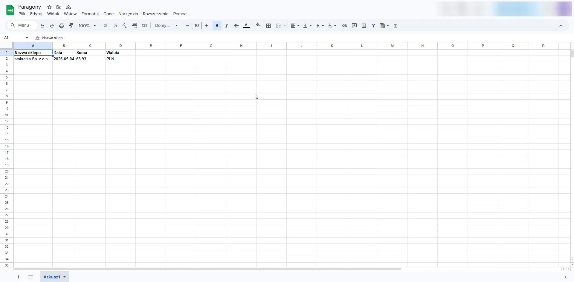 Google Sheets — wynik OCR: stokrotka, data 2026-05-04, suma 63.93 PLN