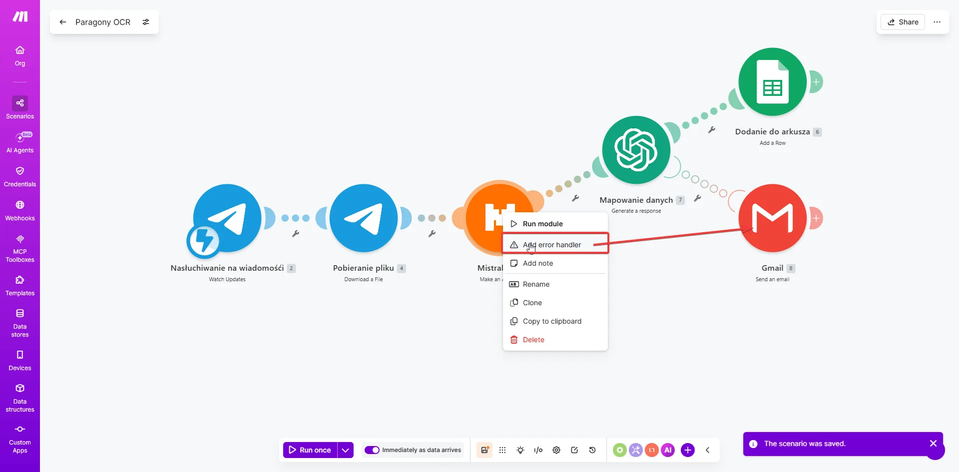 Make.com — Add error handler w menu kontekstowym modułu Mistral OCR