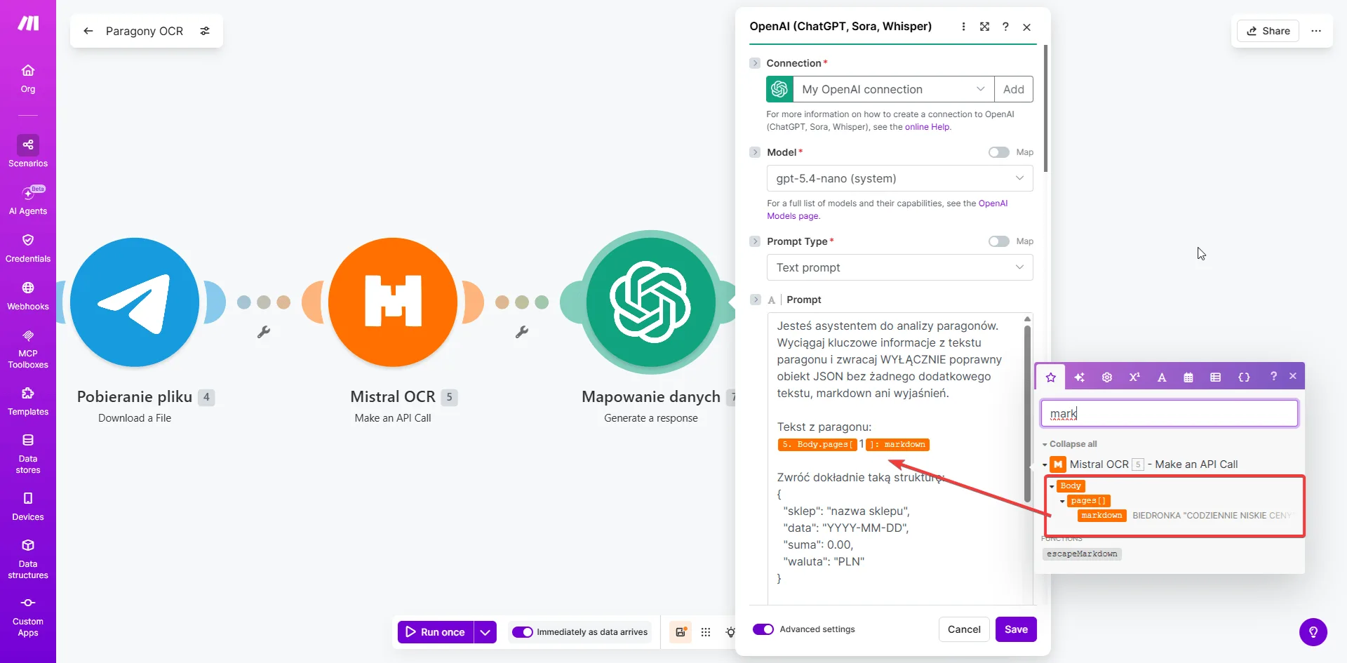 OpenAI w Make.com — prompt do ekstrakcji danych z tekstu paragonu do JSON