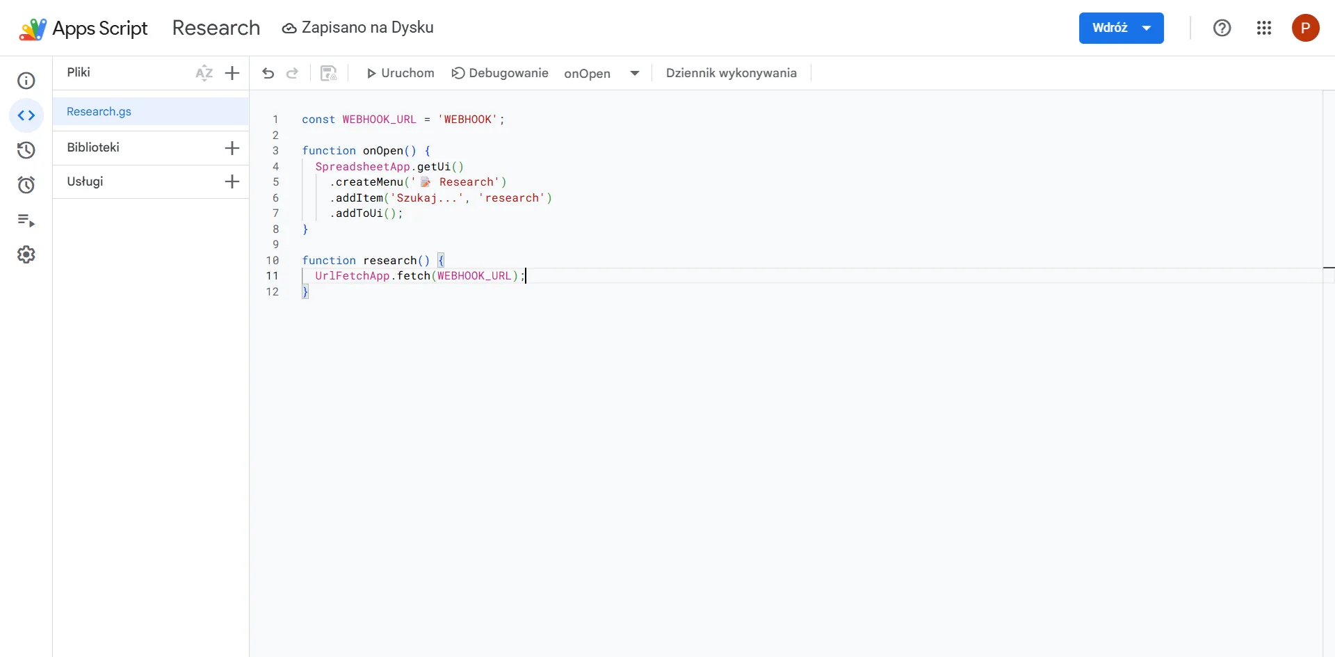 Google Apps Script — kod webhooka z menu Research w arkuszu