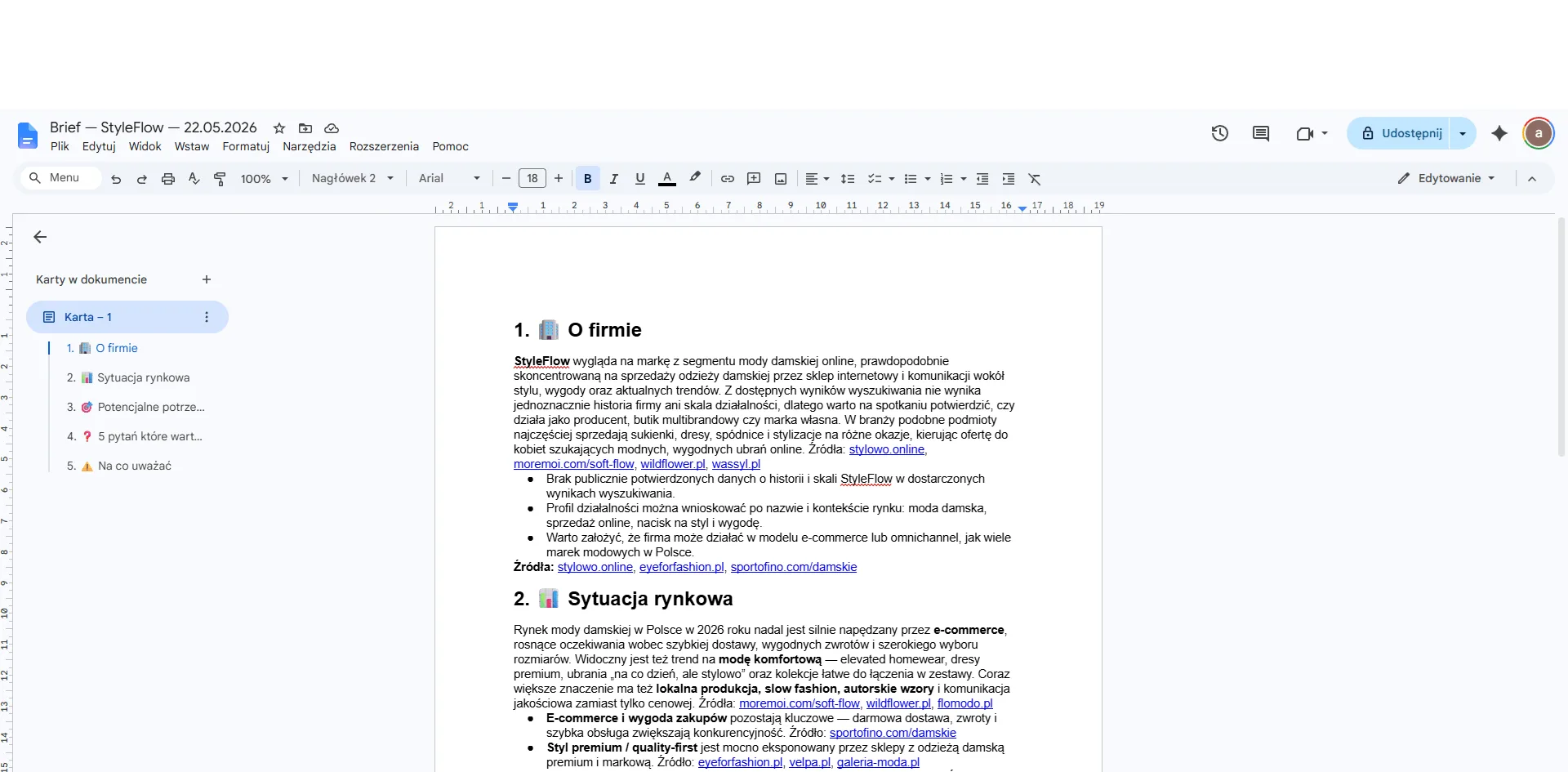 Gotowy brief w Google Docs wygenerowany przez Perplexity AI — sekcje O firmie i Sytuacja rynkowa z cytowaniami