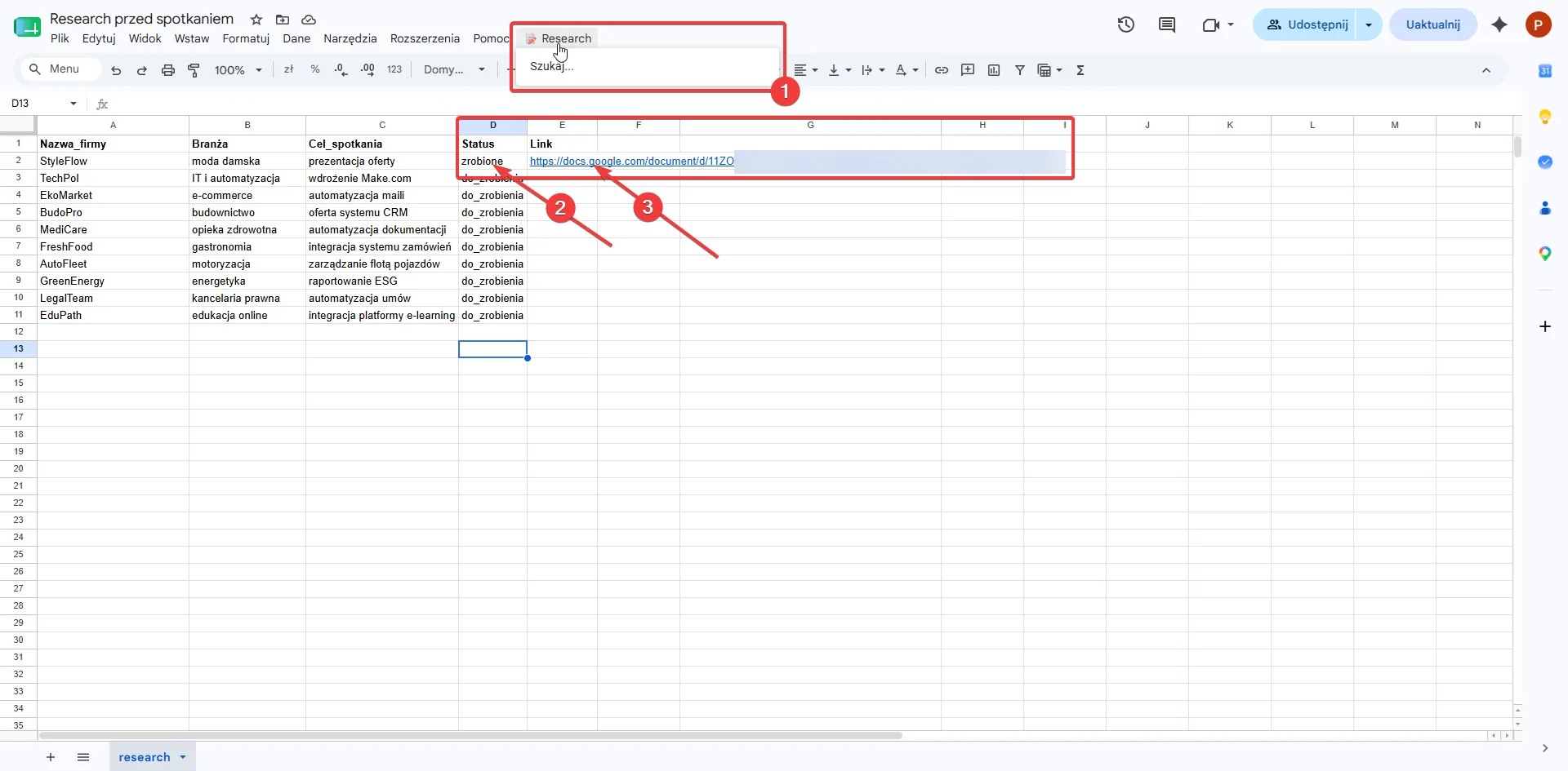 Google Sheets — arkusz Research przed spotkaniem z listą firm i menu Research