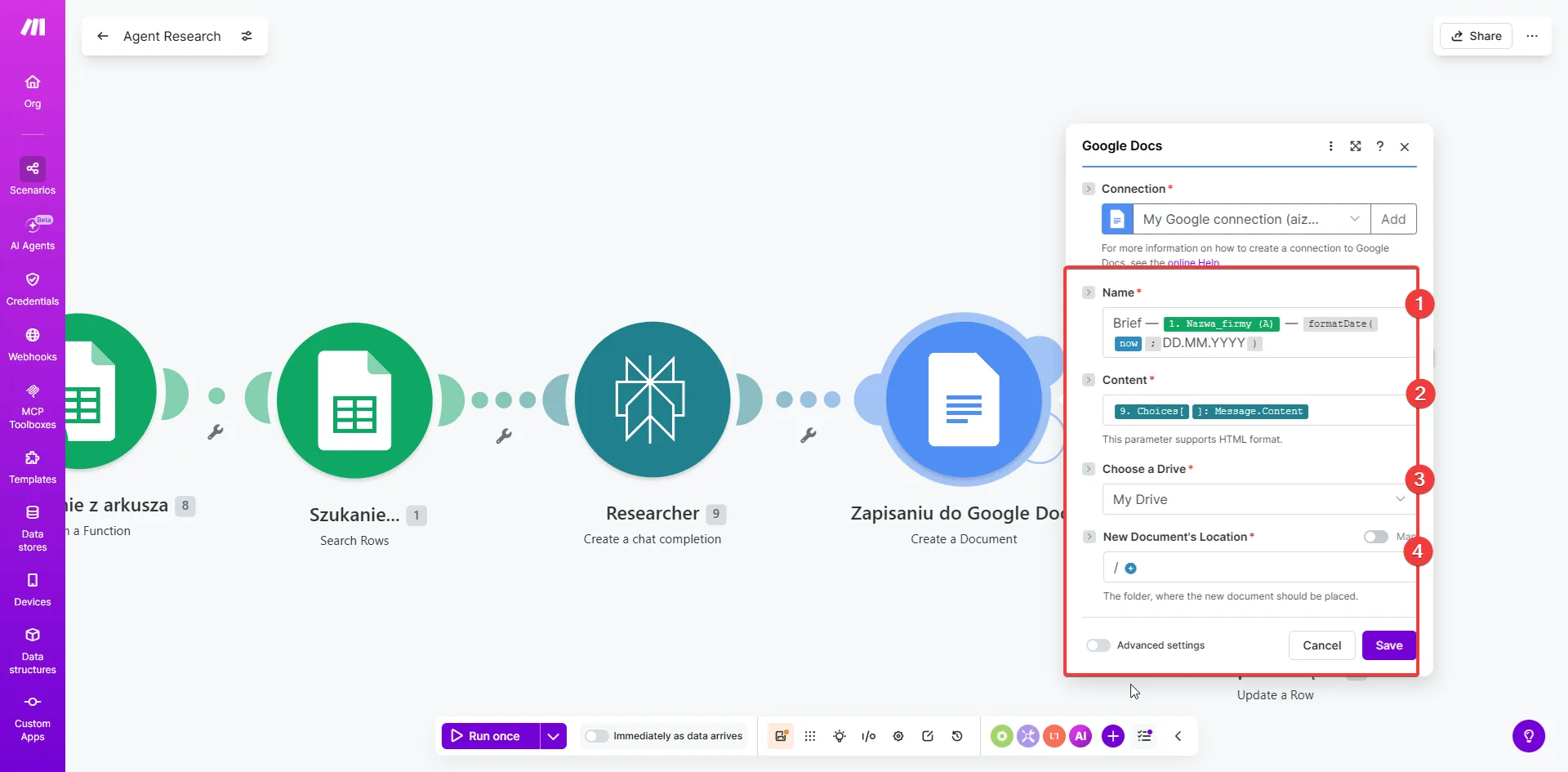 Make.com — Google Docs: nazwa dokumentu Brief z datą i treść z Perplexity