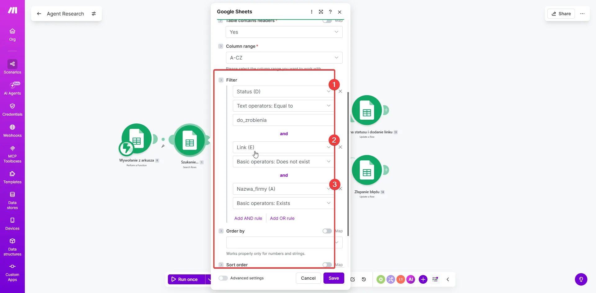 Make.com — filtr wierszy Google Sheets: Status do_zrobienia, Link nie istnieje, Nazwa_firmy istnieje