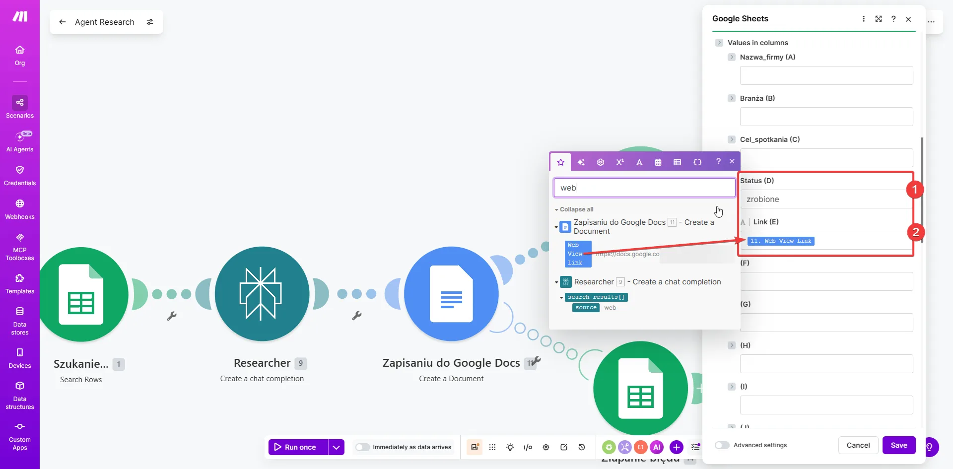 Make.com — Google Sheets: aktualizacja statusu na zrobione i zapis linku do dokumentu