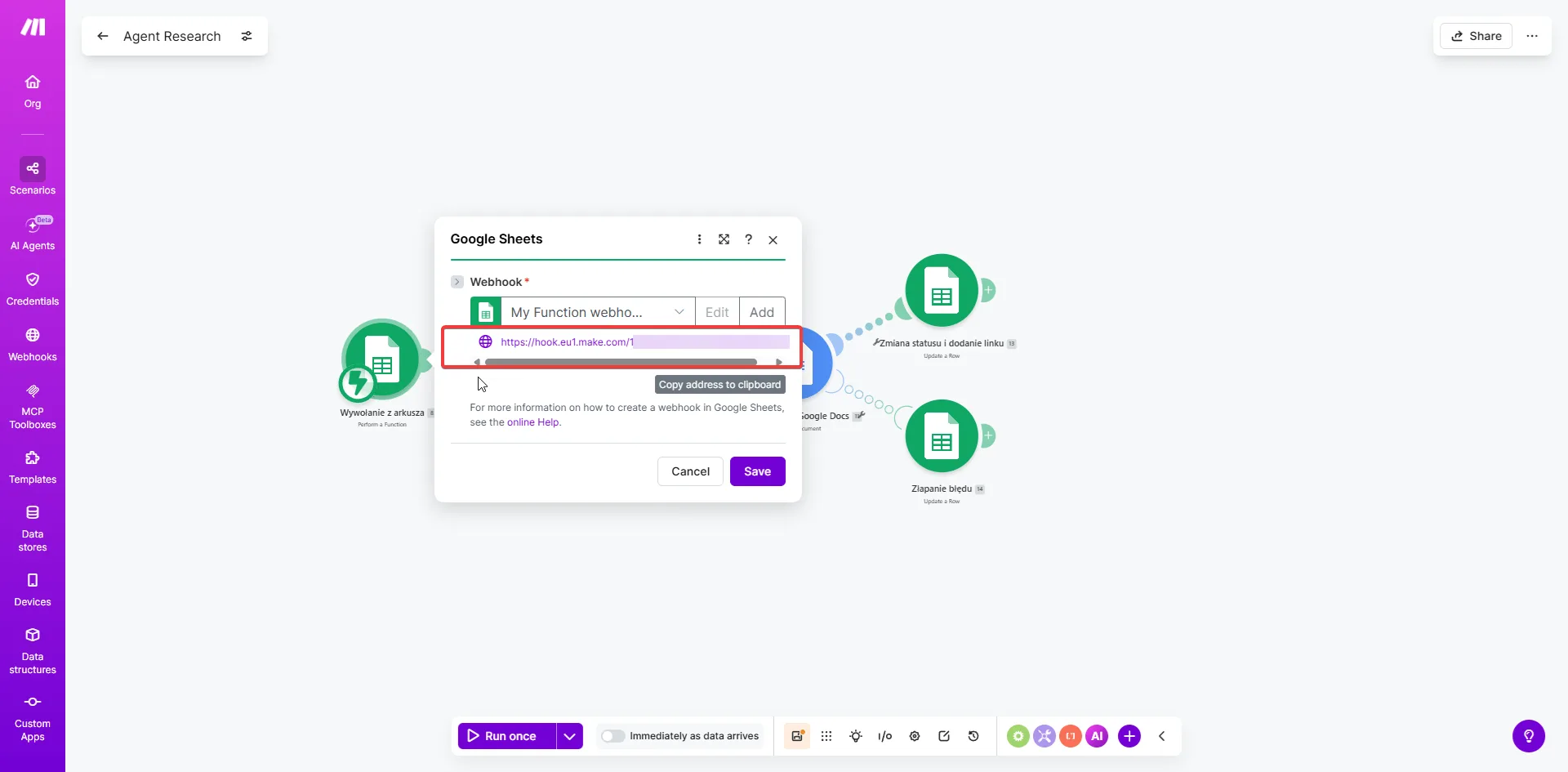Make.com — konfiguracja webhooka Google Sheets z URL do skopiowania