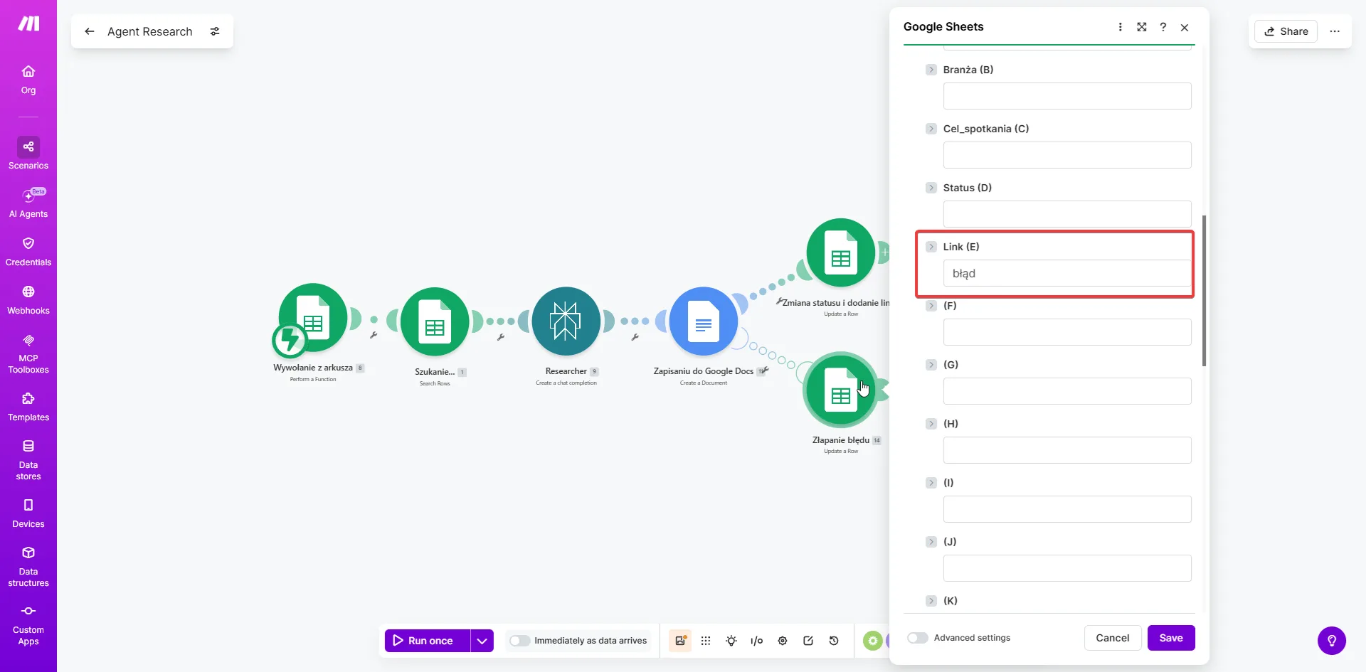 Make.com — Google Sheets: złapanie błędu i wpisanie wartości błąd w kolumnie Link