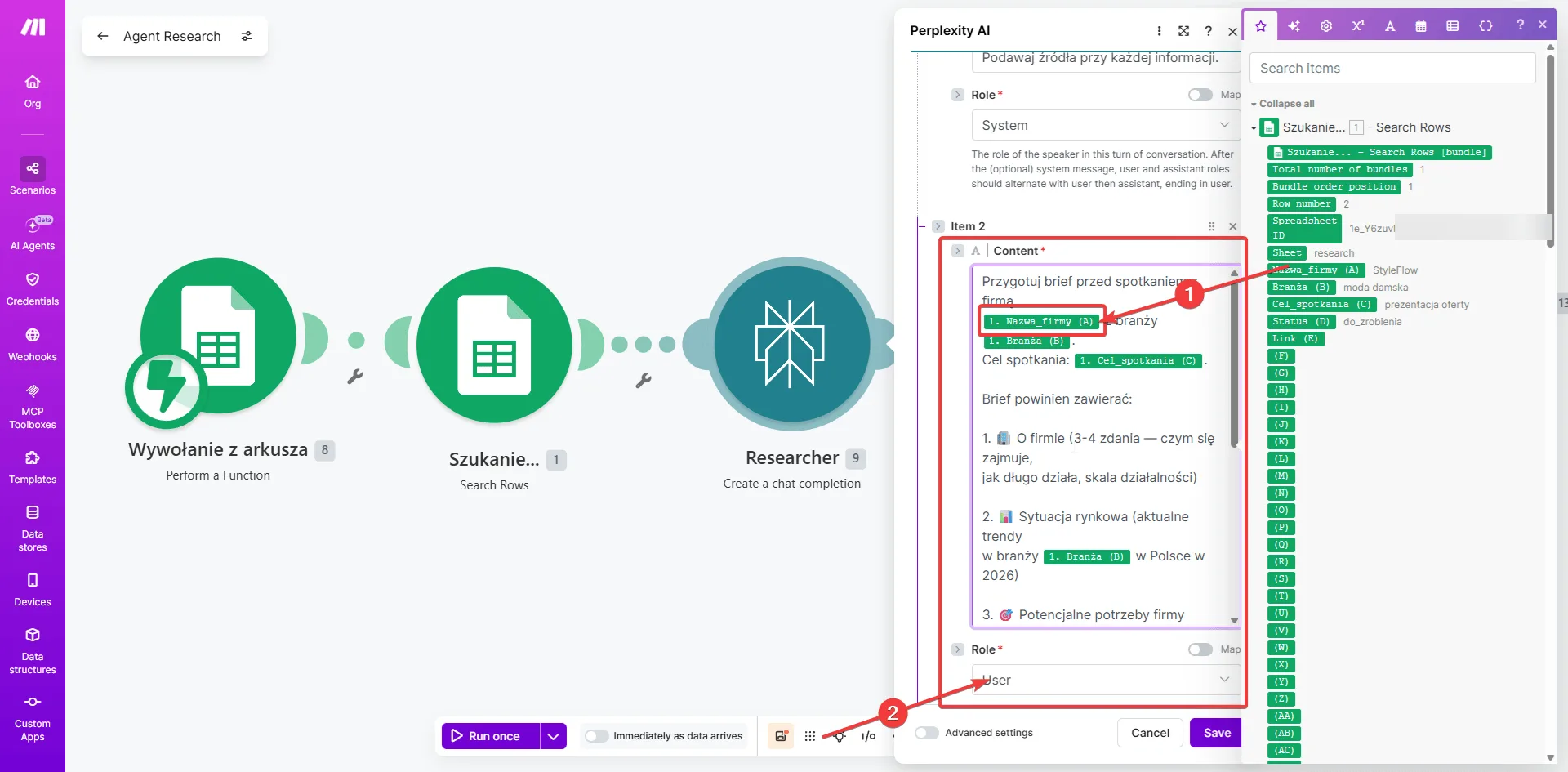 Make.com — konfiguracja modułu Perplexity Researcher z promptem systemowym i zmiennymi