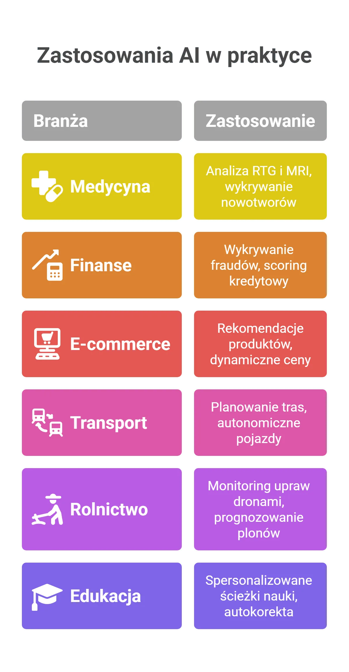 Zastosowania AI w praktyce — infografika z 6 branżami: medycyna, finanse, e-commerce, transport, rolnictwo, edukacja
