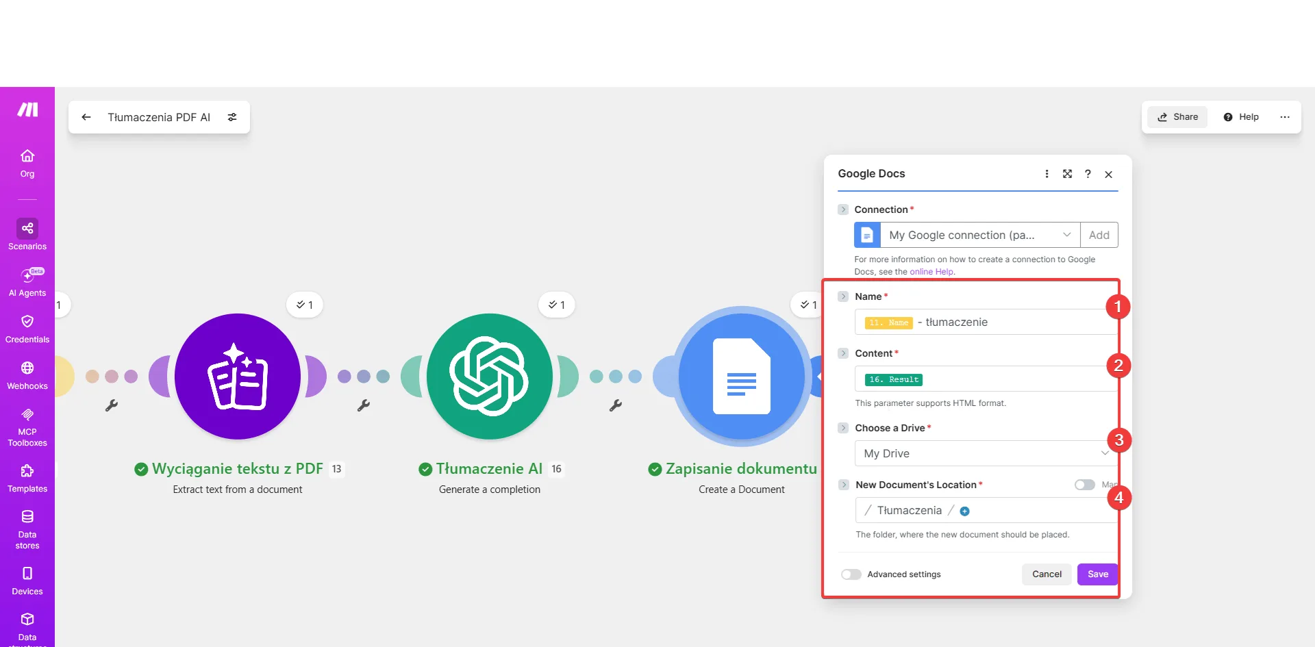 Konfiguracja modułu Google Docs Create a Document w Make.com — zapis przetłumaczonego tekstu z OpenAI