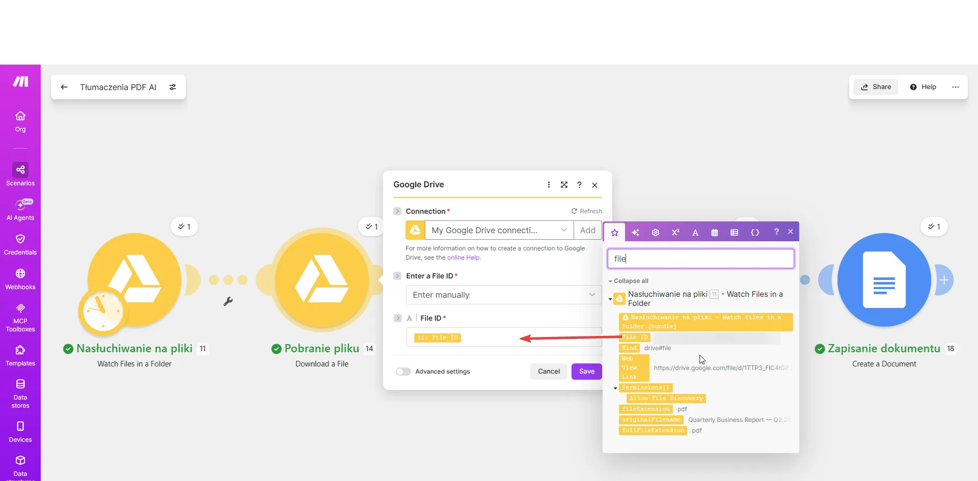 Konfiguracja modułu Google Drive Download a File w Make.com — mapowanie File ID z triggera