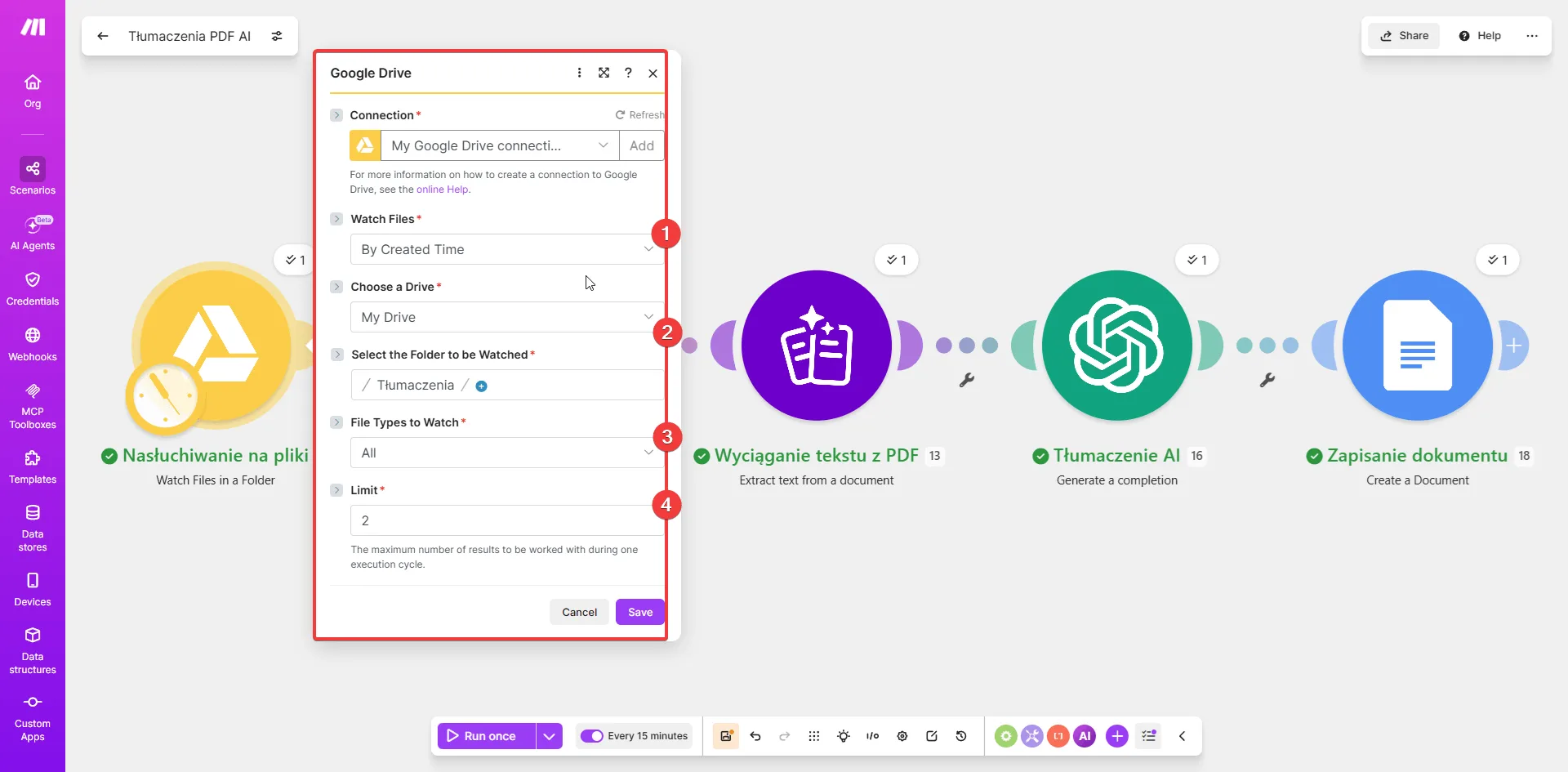 Konfiguracja modułu Google Drive Watch Files w Make.com — folder Tłumaczenia jako trigger
