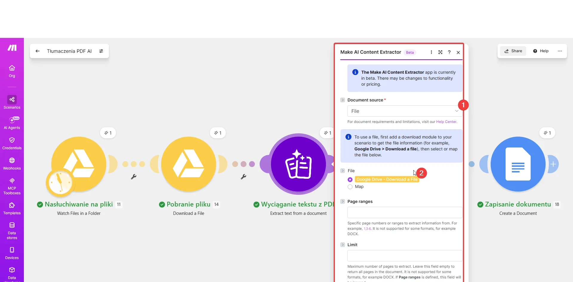 Konfiguracja modułu Make AI Content Extractor w Make.com — wyciąganie tekstu z pliku PDF