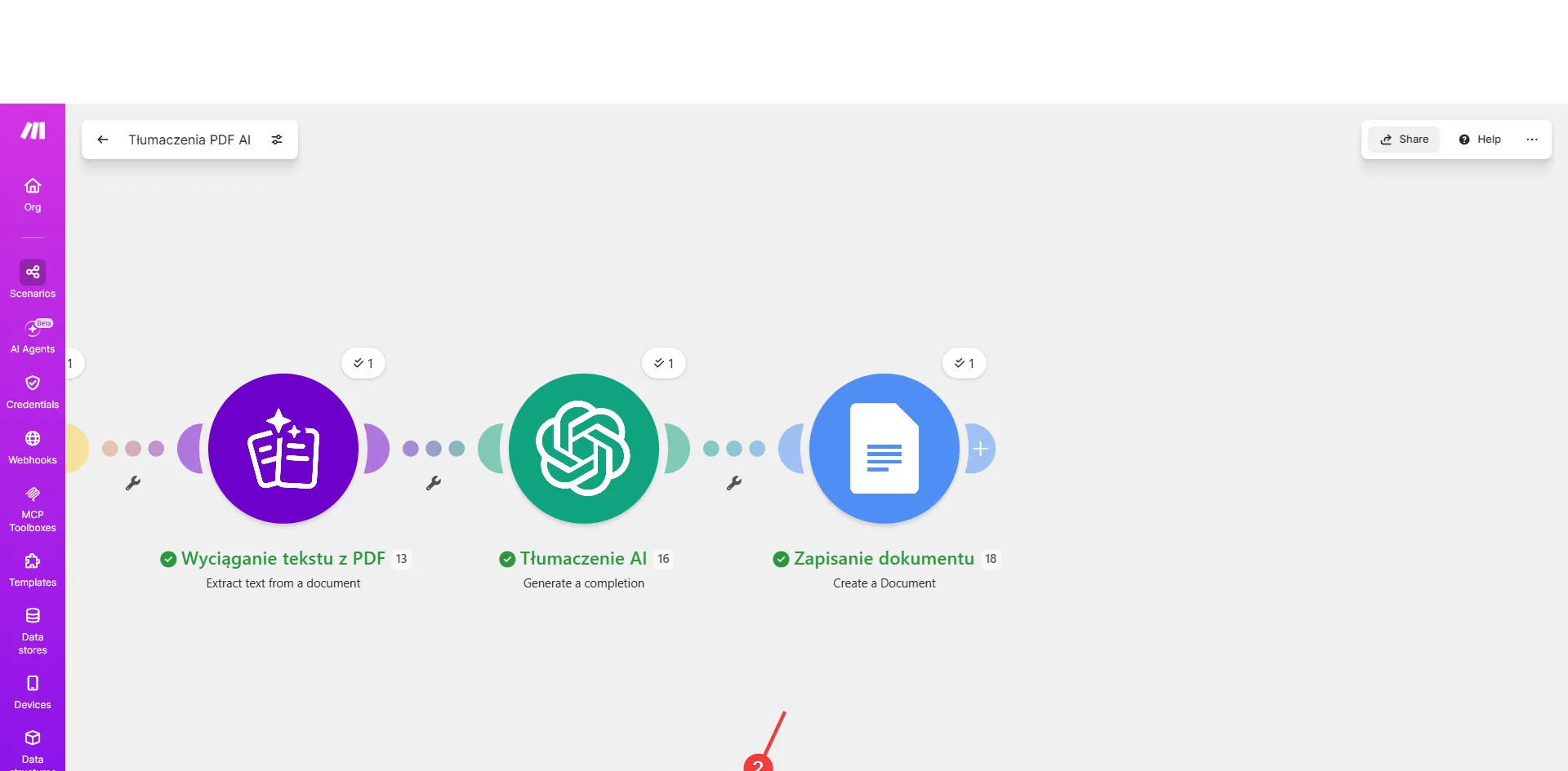 Włączanie scenariusza w Make.com — przełącznik ON i harmonogram w lewym dolnym rogu