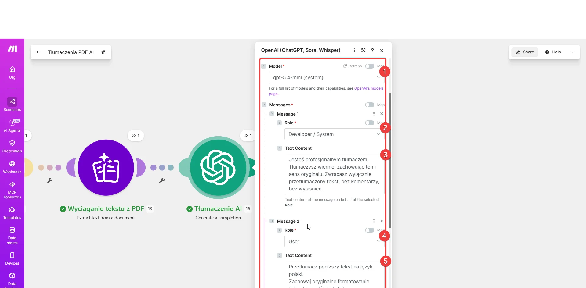 Moduł OpenAI w Make.com z modelem gpt-5.4-mini oraz promptem systemowym i użytkownika do tłumaczenia